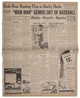 1939 Mason City Globe-Gazette "IRON MAN" GEHRIG OUT OF BASEBALL Newspaper Dated 6/21/39
